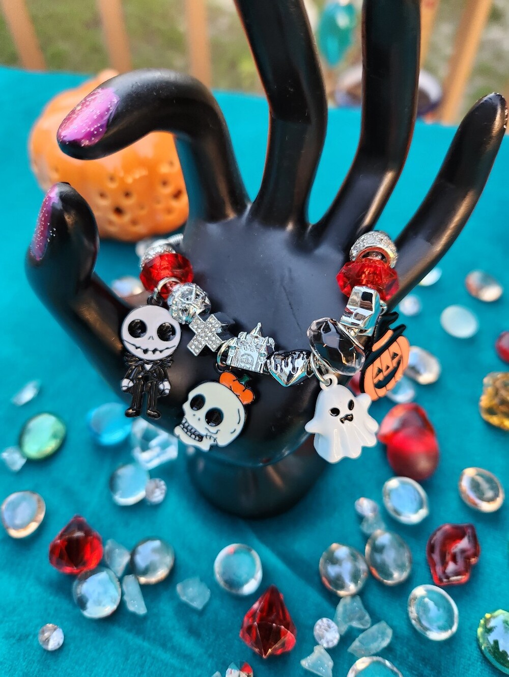 Handmade  Halloween Charm Bracelet — Red & Black Beads With Charms
